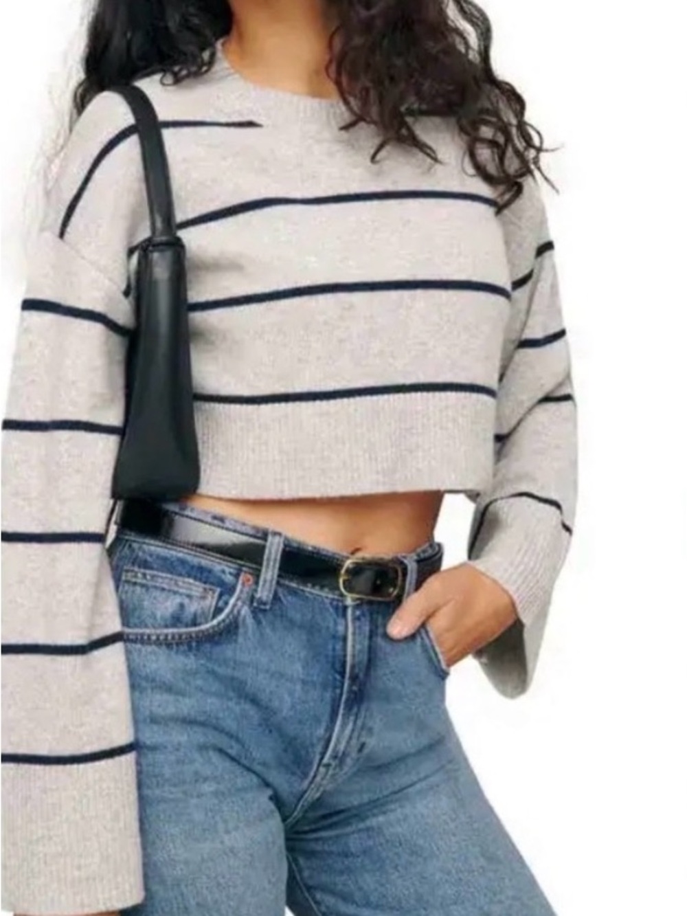 Reformation Paloma Cashmere Cropped Sweater Gray Navy Stripes XS runs large EUC
